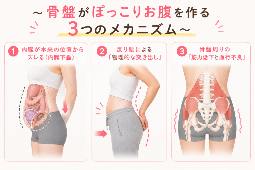 骨盤がポッコリお腹を作る3つのメカニズム①内臓脂肪が本来の位置からズレる(内臓下垂)②反り腰による物理的な突き出し③骨盤周りの「筋力低下地血行不良」