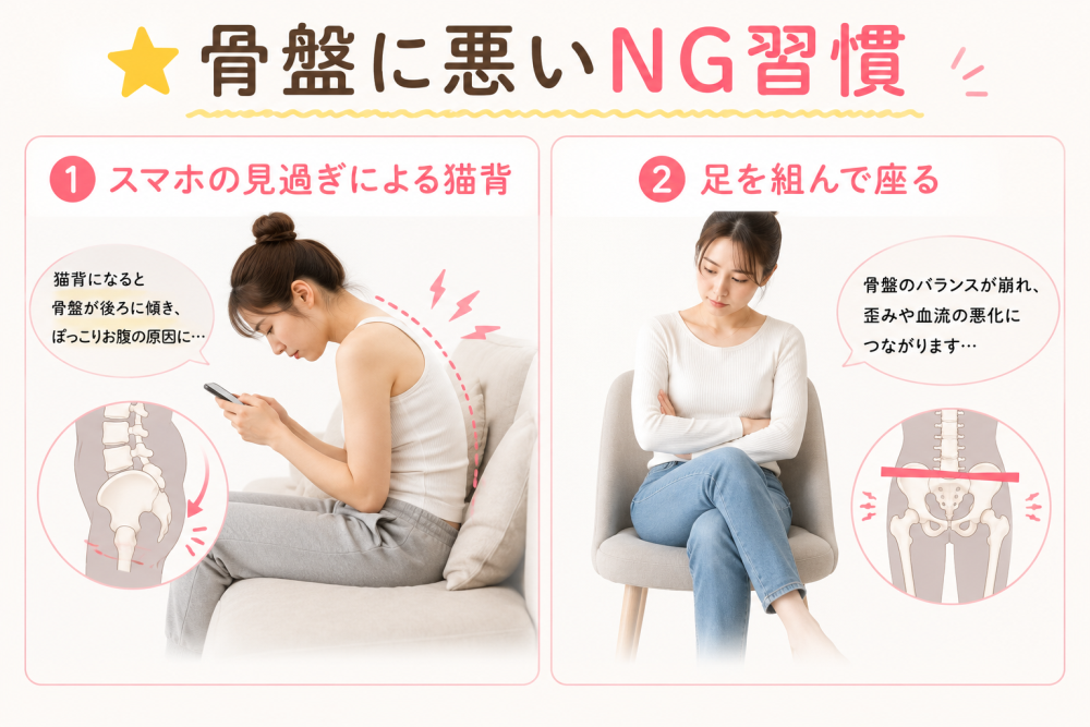 ☆骨盤に悪いNG習慣 ①スマホの見過ぎによる猫背 ・猫背になると骨盤が後ろに傾き、ポッコリお腹の原因に… ②足を組んで座る ・骨盤バランスが崩れ、歪みや血流の悪化につながります
