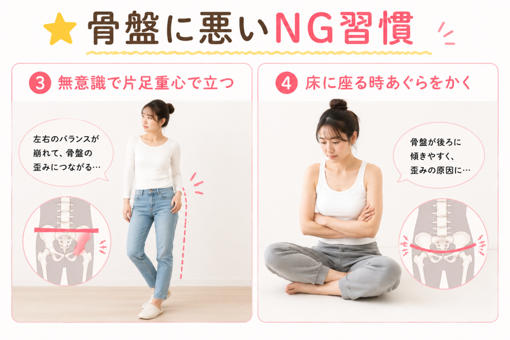 ☆骨盤に悪いNG習慣③無意識で片足重心で立つ・左右のバランスが崩れて、骨盤のゆがみにつながる④床に座るときあぐらをかく・骨盤が後ろに傾きやすく、歪みの原因に