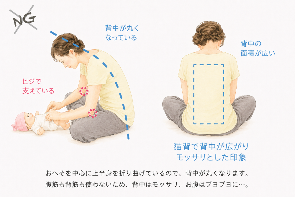 おへそを中心に上半身を折り曲げているので、背中が丸くなります。腹筋も背筋も使わないため、背中はモッサリ、お腹はブヨブヨに…。