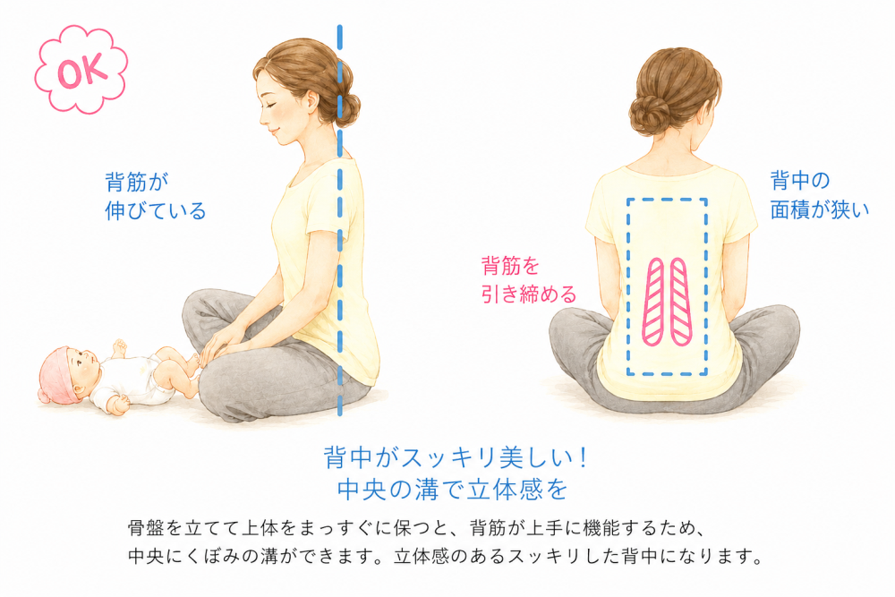 骨盤を立てて上体をまっすぐに保つと、背筋が上手に機能するため、中央にくぼみの溝ができます。立体感のあるスッキリした背中になります。
