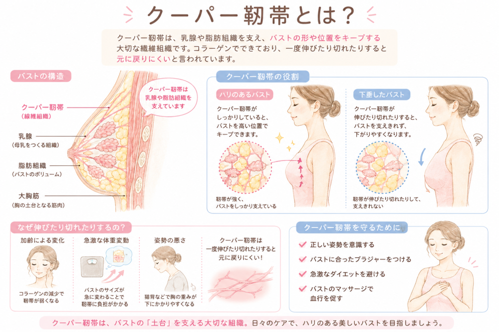 クーパー靱帯とは？クーパー靱帯は乳腺や脂肪組織を支え、バストの形や位置をキープする大切な組織です。コラーゲンでできており、一度伸びたり切れたりすると元にもどりにくいと言われています。●バストの構造 ・クーパー靭帯…繊維組織・乳腺…母乳を作る組織・脂肪組織…バストのボリューム・大胸筋…胸の土台となる 筋肉 ●クーパー靭帯の役割・ハリのあるバストクーパー靭帯がしっかりしていると、バストを高い位置でキープできます。靭帯が強くバストをしっかり支えている。・下垂したバストクーパー靭帯が伸びたり切れたりすると、バストを支えきれず下がりやすくなります。 靭帯が伸びたり切れたりして支えきれない●なぜ伸びたり切れたりするの？・加齢による変化…コラーゲンの現象で身体が弱くなる・ 急激な体重変動…バストのサイズが急に変わることで人体に負担がかかる。・姿勢の悪さ…猫背などで胸の重みが下にかかりやすくなる・スーパー靭帯は一度伸びたり切れたりすると元に戻りにくい！ ●クーパー靭帯を守るためには？・正しい姿勢を意識する・バストにあったブラジャーをつける・急激なダイエットを避ける・バストのマッサージで血行を促す※クーパー靭帯はバストの土台を支える大切な組織です。日々のケアでハリのある美しいバストを目指しましょう