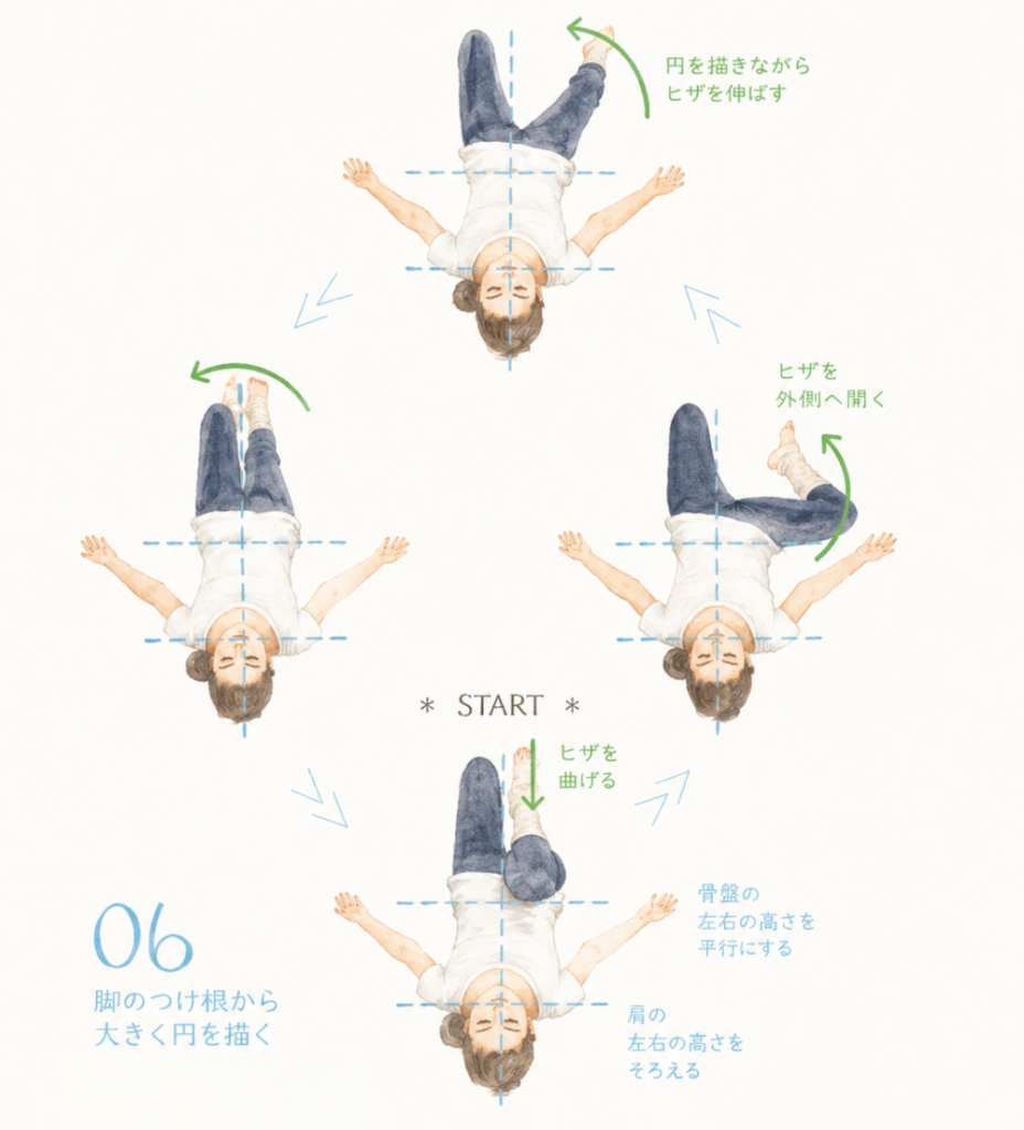 ⑥足の付け根から大きく円を描く★スタート・ヒザを曲げる・ヒザを外側に開く・円を描きながらヒザを伸ばす