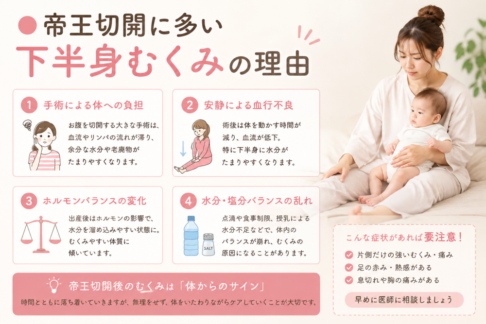 ★帝王切開に多い下半身むくみの理由①手術による体への負担お腹を切開する大きな手術は血流やリンパの流れが滞り、余分な水分や老廃物がたまりやすくなります。②安静による血行不良術後は体を動かす時間が減り、血流が低下します。特に下半身に水分がたまりやすくなります。③ホルモンバランスの変化出産後はホルモンの影響で水分を溜め込みやすい状態とむくみやすい体質になる傾向があります。④水分、塩分バランスの乱れ点滴や食事制限、授乳による水分不足などで体内のバランスが崩れ、むくみの原因になることがあります。●帝王切開後のむくみは体からのサイン時間とともに落ち着いてきますが、無理をせず体無理をせず体をいたわりながらケアしていくことが大切です。●こんな症状があれば要注意!・片方だけの強いむくみや痛み・血の赤みある熱感が・息切れ や胸の痛みがある※ 早めに医師に相談しましょう