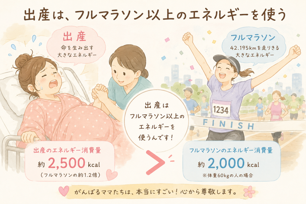 出産はフルマラソン 以上のエネルギーを使う・出産は命を生み出す大きなエネルギー・フルマラソン42.195km を走りきる大きなエネルギー ●出産はフルマラソン 以上のエネルギーを使うのです。・出産のエネルギー消費量 約2.0キロカロリー（それはフルマラソンの約1.2）・フルマラソンのエネルギー消費量約2000キロカロリー（体重60kg の人の場合） 頑張るママたちは本当にすごい！心から尊敬します