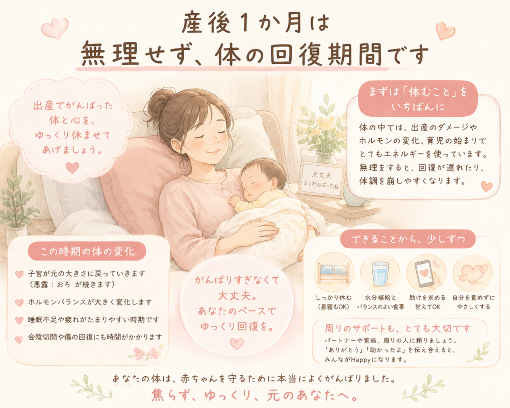 産後の1ヶ月は無理せず 体の回復期間です ●まずは休むこと 出産で頑張った体と心をゆっくり休ませてあげましょう。 ●まずは休むことを一番に ・体の中では出産のダメージやホルモンの変化、育児の始まりでとてもエネルギーを使っています。無理をすると回復が遅れたり、体調を崩しやすくなります。 ●この時期の体の変化・子宮が元の大きさに戻っていきます。 （悪露、おろが続きます） ・ホルモンバランスが大きく変化します。 ・睡眠不足や疲れがたまりやすい時期です。 ・会陰切開の回復にも時間がかかります ●できることから少しずつ ・しっかり休む（昼寝もOK） ・水分補給とバランスの良い食事 ・助けを求める（甘えてOK）・自分を責めずに優しくする● 周りのサポートもとても大切パートナーや家族など周りの人に頼りましょう。「ありがとう」「助かったよ」 を 伝えるみんながハッピーになります。 ●頑張りすぎなくて大丈夫 あなたのペースでゆっくり回復を 。 あなたの体は、赤ちゃんを守るために本当によくがんばりました。 焦らず、ゆっくり、元のあなたへ