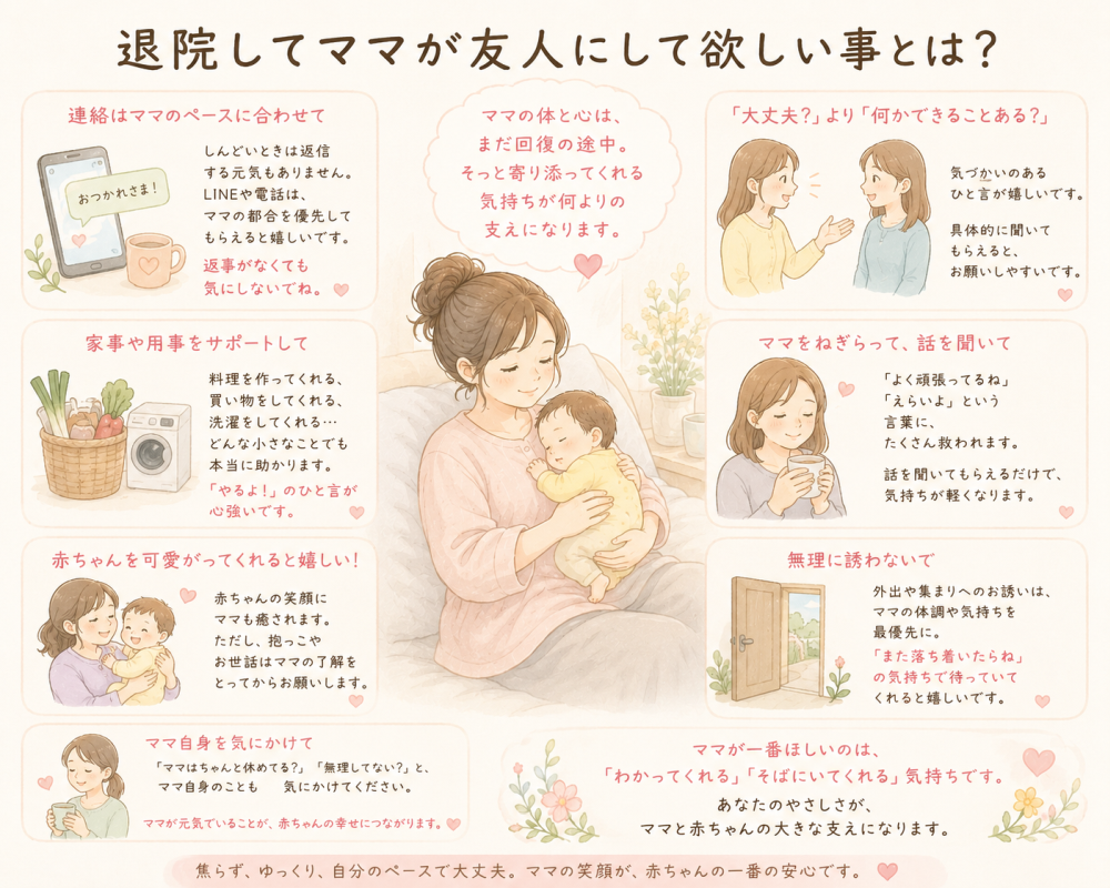 退院してママが友人にしてほしいこととは？●連絡はママのペースに合わせてしんどい時は返信する元気もありません。LINE や電話はママの都合を優先してもらえると嬉しいです。返事がなくても気にしないでね。●家事や用事をサポートして・料理を作ってくれる・買い物をしてくれる・洗濯をしてくれるどんな小さなことでも本当に助かります。「やるよ」の一言が心強いです。●赤ちゃんを可愛がってくれると嬉しい赤ちゃんの笑顔にママも癒されます。ただし、抱っこやお世話はママの了解を取ってからお願いします。●大丈夫より何ができることはある？ 気遣いのある一言が嬉しいです。具体的に聞いてもらえるとお願いしやすいです。●ママを労ってよく話を聞いて「よく頑張ってるね」「えらいよ」という言葉にたくさん救われます。 話を聞いてもらえるだけで気持ちが軽くなります。 ●無理に誘わないで・外出や集まりへのお誘いは、ママの体調や気持ちを最優先に。「また落ち着いたらね」の気持ちで待っていてくれると嬉しいです。●ママ自身を気にかけて「ママはちゃんと休めてる？」「無理 してない？」とママ 自身のことも気にかけてください。ママが元気でいれることが 赤ちゃんの幸せにつながります。●ママが一番欲しいのは分かってくれる、そばにいてくれる気持ちです。あなたの優しさがママと赤ちゃんの大きな支えになります。