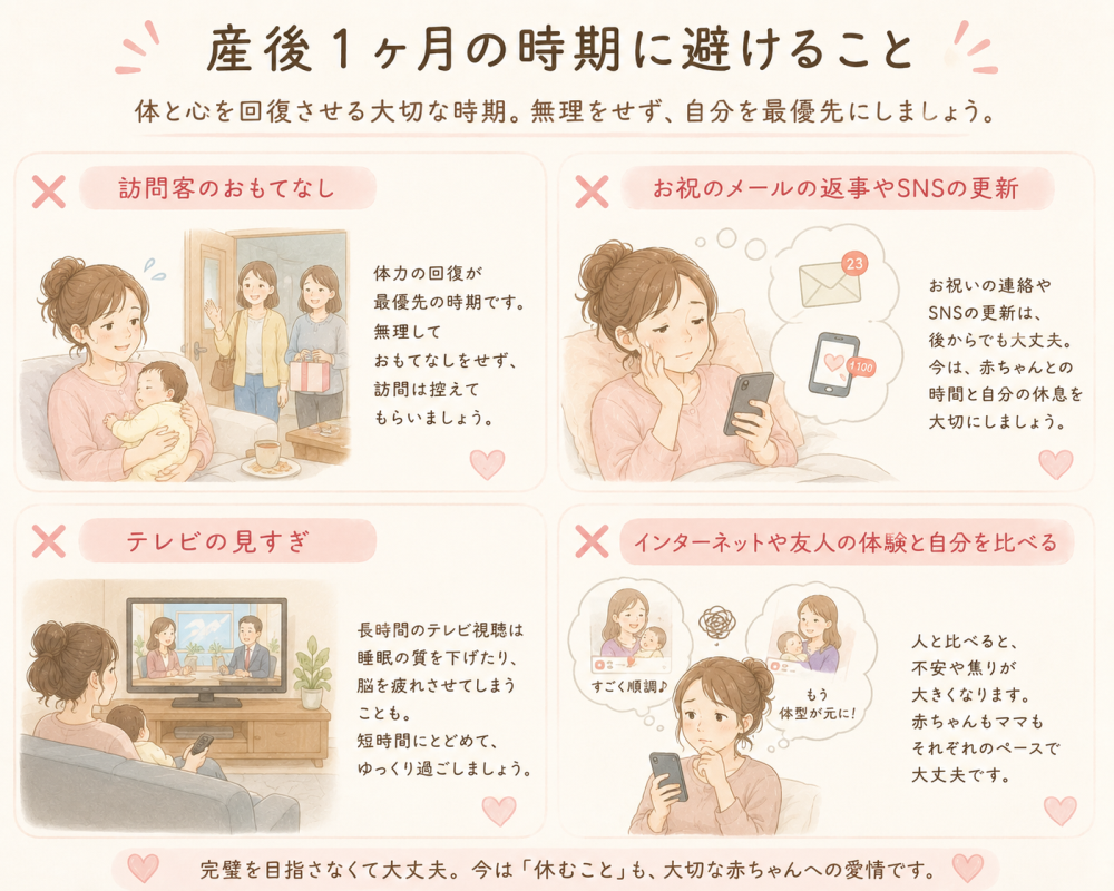 ★産後1ヶ月の時期に避けること体と心を回復させる大切な時期。無理をせず自分を最優先にしましょう。●訪問客のおもてなし体力の回復が最優先の時期です。無理してもてなしをせず、訪問は控えてもらいましょう。●お祝いのメールの返事やSNSの更新お祝いの連絡やSNSの更新は後からでも大丈夫。今は赤ちゃんとの時間と自分の休息を大切にしましょう。●テレビの見過ぎ長時間のテレビ視聴は睡眠の質を下げたり 脳を疲れさせてしまうことも。短時間に留めて ゆっくり過ごしましょう。●インターネットや友人の体験と自分を比べる人と比べると不安や焦りが大きくなります。赤ちゃんもママそれぞれのペースで大丈夫です。●完璧を目指さなくて大丈夫。 今は休むことも大切な赤ちゃんへの愛情です。