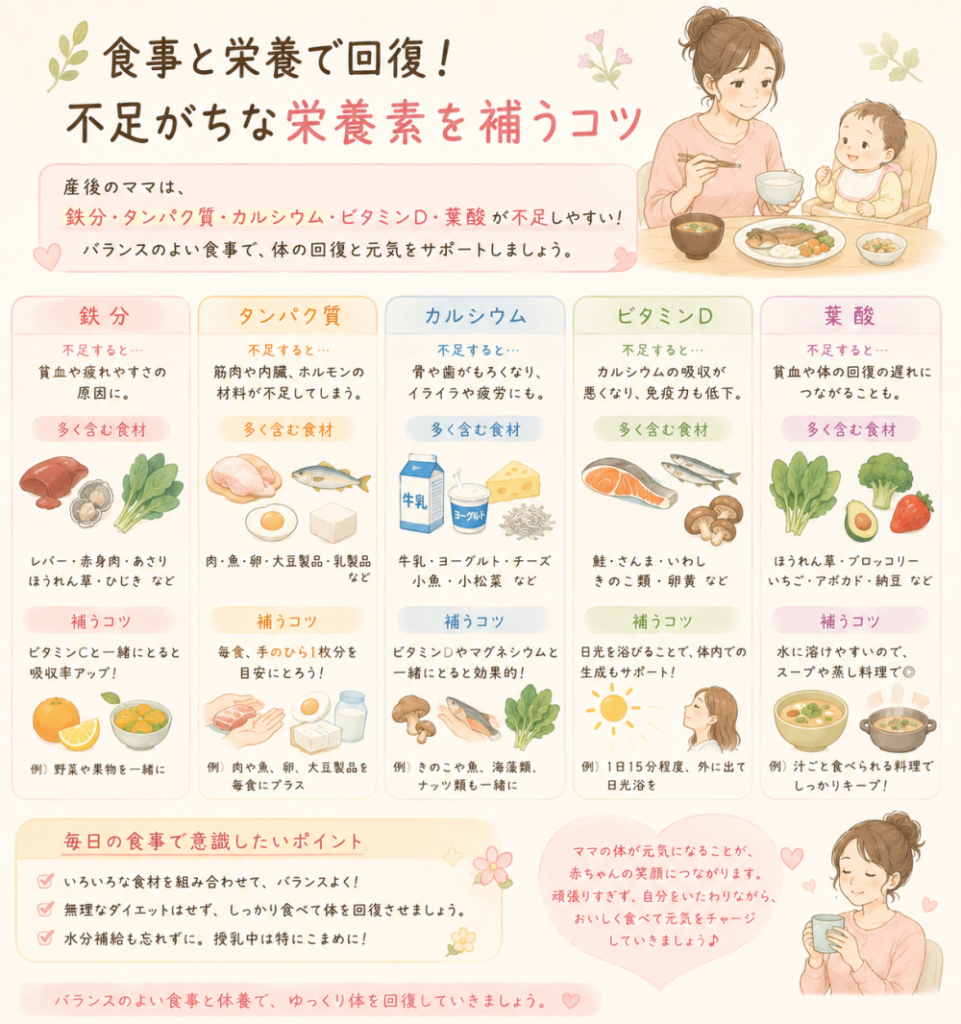 ★食事と栄養で回復即ちな栄養素を補う コツ 産後のママは鉄分 タンパク質 カルシウムビタミン D 葉酸が不足しやすい！ バランスの良い食事で体の回復と元気を サポートしましょう。●鉄分・不足すると…貧血や疲れやすさの原因に・多く含む食材…レバー、赤身肉、あさり、ほうれん草、ひじきなど・補うコツ…ビタミン C と一緒に取ると吸収率がアップ！ 例：野菜や果物を一緒に ●タンパク質・不足すると…筋肉や内臓、ホルモンの材料が不足してしまう。・多く含む食材…肉、魚、卵、大豆製品、乳製品など・補うコツ…毎食手のひら1枚分を目安にとりましょう。例：肉や魚卵、大豆製品を毎食にプラス●カルシウム・不足すると…骨や歯がもろくなり、イライラや疲労にも・多く含む食材…牛乳、ヨーグルト、チーズ、小魚、小松菜など・補うコツ…ビタミンDやマグネシウムと一緒にとると効果的例：きのこや魚、海藻類、ナッツ類も一緒に●ビタミンD・不足すると…カルシウムの吸収が悪くなり、免疫力も低下。・多くを含む食材…鮭、さんま、イワシ、きのこ類、卵黄など・補うコツ…日光を浴びることで体内での生成もサポート例：1日15分程度外に出て日光浴を●葉酸・不足すると…貧血や体の回復の遅れにつながることも・多く含む素材…ほうれん草、ブロッコリー、いちご、アボカド、納豆など・補うコツ…水に溶けやすいのでスープや蒸し料理で◎例：汁ごと食べられる料理でしっかりキープ●毎日の食事で意識したいポイント・色々な食材を組み合わせてバランスよく・無理なダイエットはせずしっかり食べて体を回復させましょう・水分補給も忘れずに。授乳中は時にこまめに！●ママの体が元気になることが赤ちゃんの笑顔につながります。頑張りすぎず自分をいたわりながら、美味しく食べて元気をチャージしていきましょう。 ●バランスの良い食事と休養で、ゆっくり体を回復していきましょう。