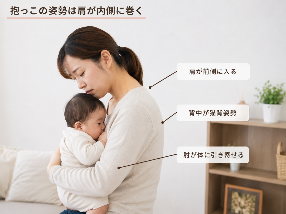 ★抱っこの姿勢は肩が内側に巻く・肩が前側に入る・背中が猫背姿勢・肘が体に引き寄せる