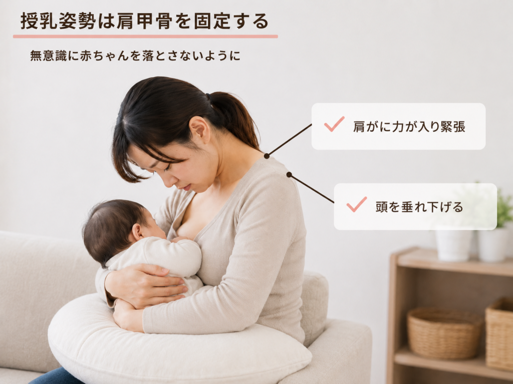★授乳姿勢は肩甲骨を固定する無意識に赤ちゃんを落とさないように・肩がに力が入り緊張・頭を垂れ下げる