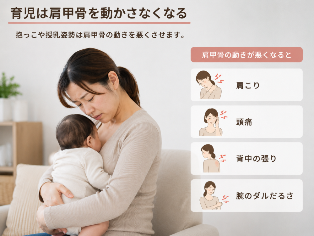 育児は肩甲骨を動かさなくなる★抱っこや授乳姿勢は肩甲骨の動きを悪くさせます。●肩甲骨の動きが悪くなると・肩こり・頭痛・背中の張り・腕のダルだるさ