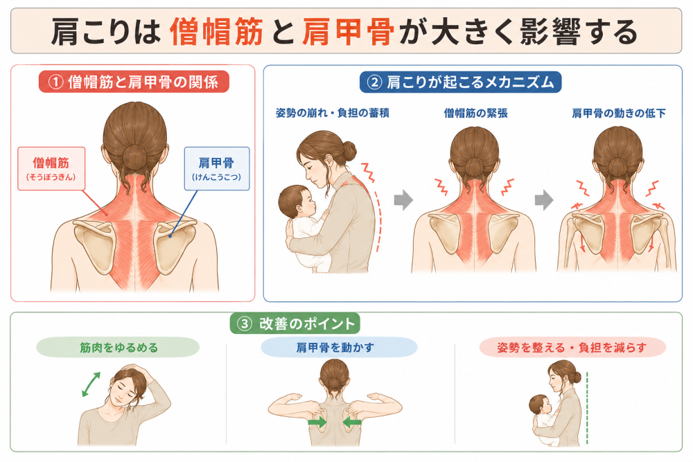 ★肩こりは 僧帽筋と肩甲骨が大きく影響する①僧帽筋と肩甲骨の関係・僧帽筋・肩甲骨②が起こるメカニズム・ 姿勢の乱れ、 負担の蓄積・ 僧帽筋の緊張・ 肩甲骨の動きの低下③・筋肉を緩める・肩甲骨を動かす・姿勢を整える、負担を減らす