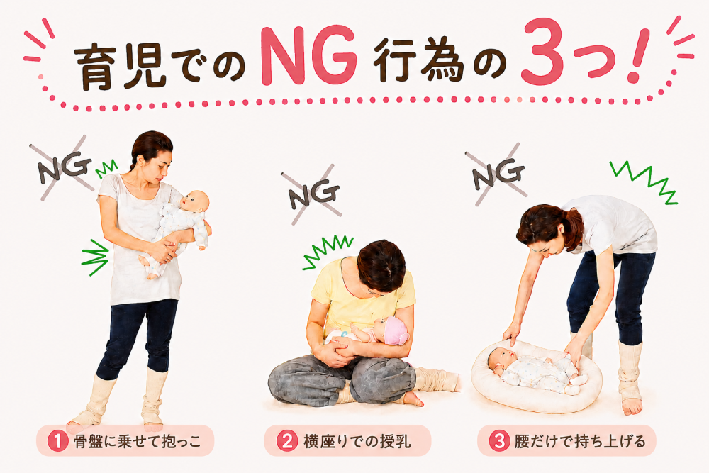 ★育児でのNG行為の3つ!① 骨盤に乗せて抱っこ② 横座りでの授乳③ 腰だけで持ち上げる