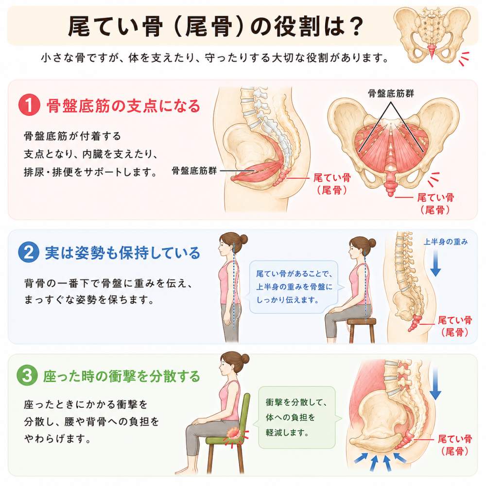 尾てい骨（尾骨）の役割は？小さな骨ですが体を支えたり、守ったりする大切な役割があります。① 骨盤底筋の支点になる 骨盤底筋が付着する支店 となり 内臓を支えたり 排尿排便をサポートします。② 実は姿勢も保持している背骨の一番下で骨盤に重みを伝え まっすぐな姿勢を保ちます 尾 下 骨盤にしっかり伝えます。③座った時の衝撃を分散する座った時にかかる衝撃を分散し、腰や背骨への負担を和らげます。 分散して体のへの負担を軽減します。 