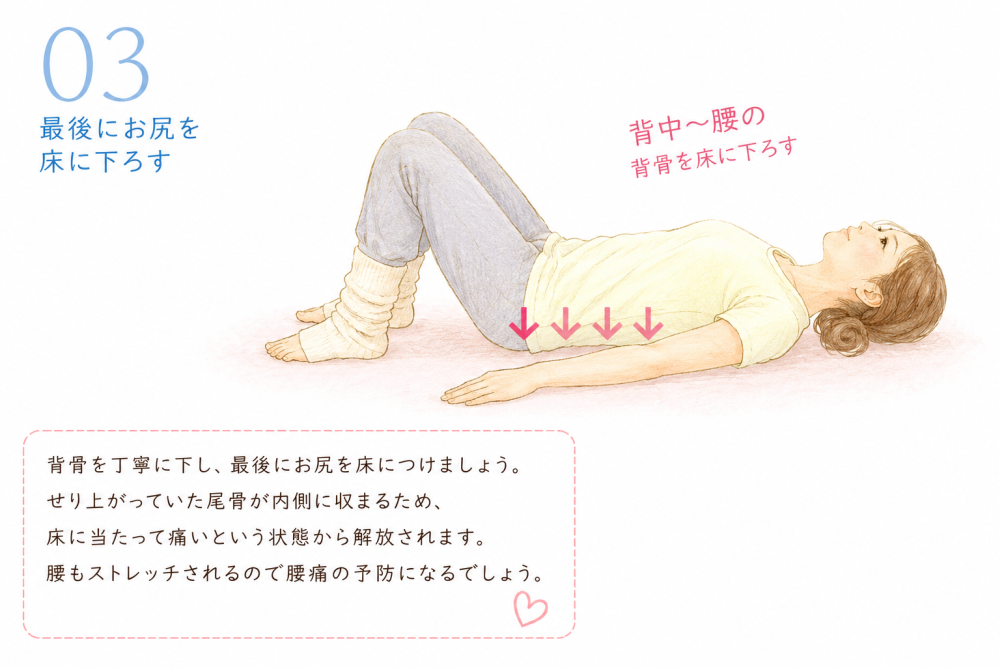 ③背骨を丁寧に下し、最後にお尻を床につけましょう。せり上がっていた尾骨が内側に収まるため、床に当たって痛いという状態から解放されます。腰もストレッチされるので腰痛の予防になるでしょう。