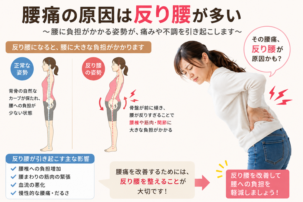 ★腰痛の原因は反り腰が多い腰に負担かかる姿勢 腰に負担かかる姿勢が痛みや不調を引き起こします。● 反り腰になると腰に大きな負担がかかります・ 正常な姿勢 背骨の自然なカーブが保たれ 腰への負担が少ない状態・ 反り腰の姿勢 骨盤が前に傾き 腰が反りすぎることで 腰椎 や筋肉 関節に大きな負担がかかる● 反り腰が引き起こす 主な影響・腰椎 への負担増加・腰回りの筋肉の緊張・血流悪化・慢性的な腰痛、だるさ●その腰痛、反り腰が原因かも？・腰痛を改善するためには反り腰を整えることが大切です・反り腰を改善して腰への負担を軽減しましょう