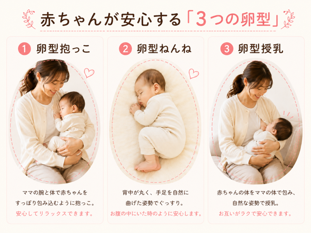 赤ちゃんが安心する「3つの卵型」①卵型抱っこ・ママの腕と体で赤ちゃんをすっぽり包み込むように抱っこ。安心してリラックスできます。②卵型ねんね・背中が丸く、手足を自然に曲げた姿勢でぐっすり。お腹の中にいた時のように安心します。③卵型授乳・赤ちゃんの体をママの体で筒井込、自然な姿勢で授乳。お互いがラクで安心できます。