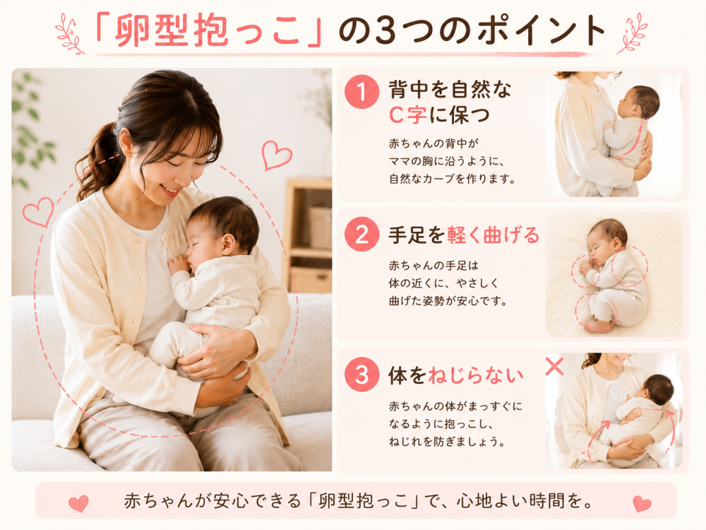 「卵型抱っこ」の３つのポイント①背中を自然なC字に保つ・赤ちゃんの背中がママの胸に沿うように、自然なカーブを作ります。②手足を軽く曲げる・赤ちゃんの手足は体の近くに、優しく曲げた状態が安心です。③体をねじらない・赤ちゃんの体がまっすぐになるように抱っこし、ねじれを防ぎましょう。赤ちゃんが安心する「卵型抱っこ」で、心地よい時間を