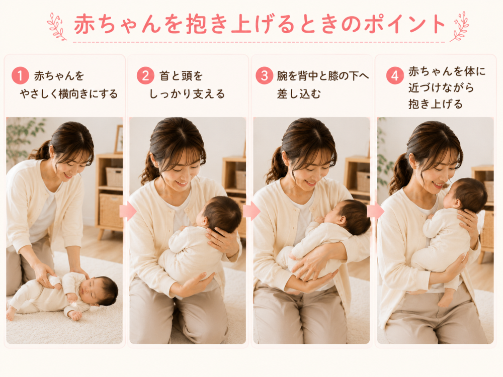 赤ちゃんを抱きあげるときのポイント①赤ちゃんを優しく横向きに②首と頭をしっかり支える③腕と背中と膝の下へ差し込む④赤ちゃんを体に近づけながら抱き上げる
