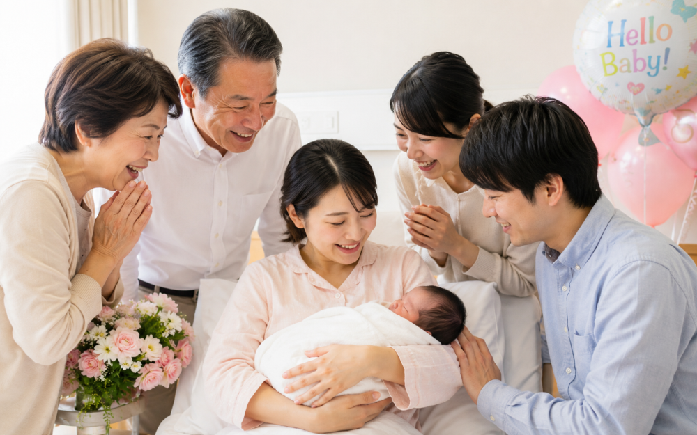 出産して家族や両親に祝福されている産後のママ