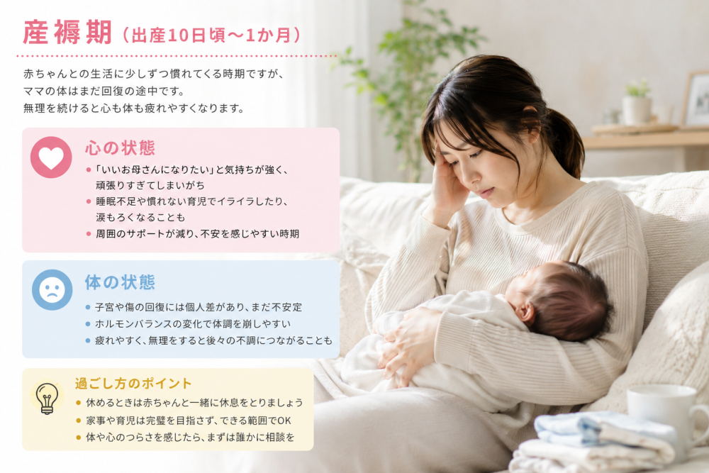 ●産褥期(出産翌日から10日頃)出産後ママの体と心は大きく変化します。静養期は無理をせずゆっくり休むことが大切です。・心の状態出産を終えた安心感や達成感から気持ちが高ぶりやすい・体の状態出産によって体は大きなダメージを受けており、回復には時間が必要※過ごし方のポイント・しっかり休息を取り体を回復させましょう・無理をせず、周囲のサポートを積極的に受けましょう・不安や気になることは遠慮せず相談しましょう