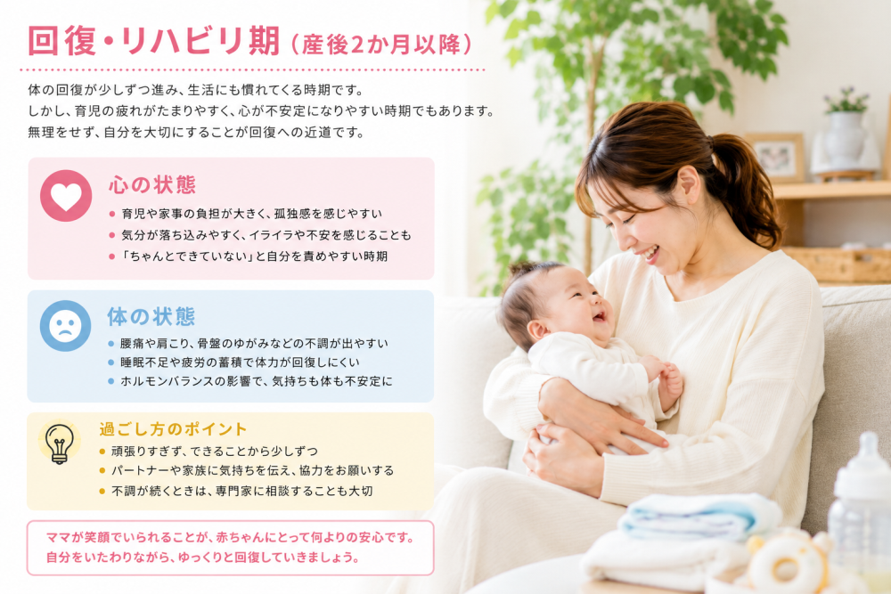 ●回復・リハビリ期(産後2ヶ月以降) 体の回復が少しずつ進み、生活にも慣れてくる時期です。 しかし、育児の疲れがたまりやすく、心が不安定になりやすい時期でもあります。 無理をせず自分を大切にすることが回復への近道です。●心の状態・育児や家事の負担が大きく、孤独感を感じやすい・気分が落ち込みやすく、イライラや不安を感じることも・「ちゃんとできない」と自分の責めやすい時期●体の状態・腰痛や肩こり、骨盤の歪みなどの不調が出やすい・睡眠不足や疲労の蓄積で体力が回復しにくい・ホルモンバランスの影響で、気持ちや体も不安定に●過ごし方のポイント・頑張りすぎず、できることから少しずつ・パートナーや家族に気持ちを伝え、協力をお願いする・ 不調が続く時は、専門家に相談することも大切 ※ママが笑顔でいられることが、赤ちゃんにとってなによりの安心です 自分をいたわりながらゆっくりと回復していきましょう