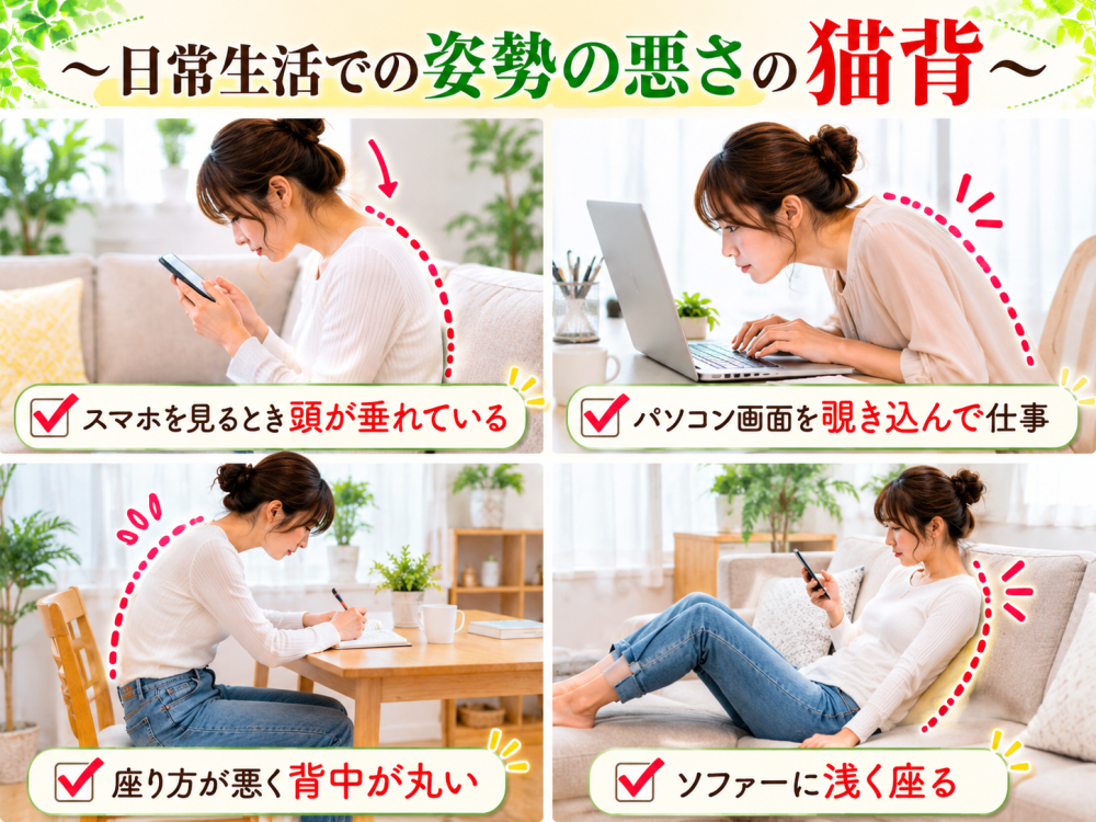 日常生活の姿勢の悪さの猫背・スマホを見るとき頭が垂れている・パソコン画面を覗き込んで仕事・座り方が悪く背中が丸い・ソファーに浅く座る