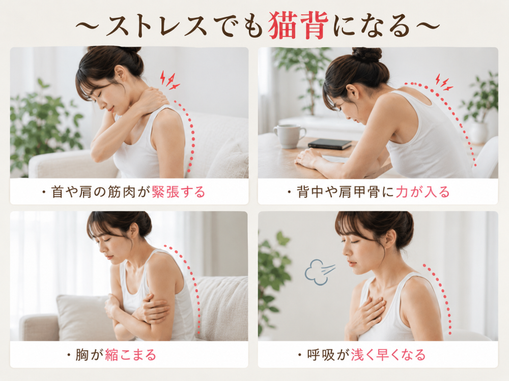ストレスでも猫背になる・首や肩の筋肉が緊張する・背中や肩甲骨に力が入る・胸が縮こまる・呼吸が浅く早くなる