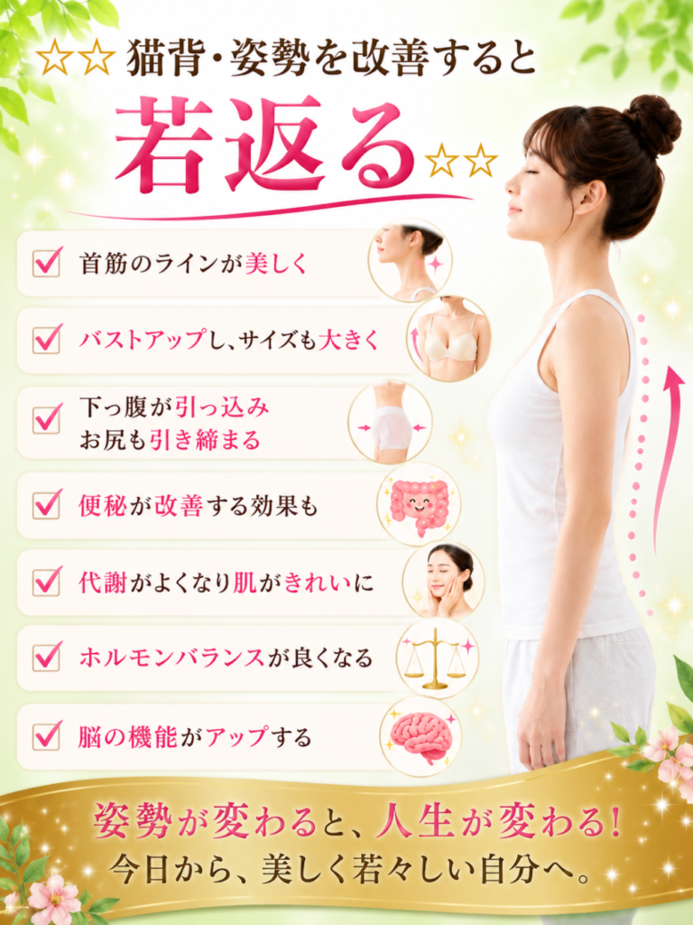 猫背・ 姿勢矯正を改善すると若返る・首筋のラインが美しく・バストアップしサイズも大きく・下っ腹が引っ込みお尻も 引き締。・便秘が改善する効果も・代謝が良くなり肌が綺麗に・ホルモンバランスが良くなる・脳の機能がアップする姿勢が変わると人生が変わる！今日から美しく若々しい自分へ