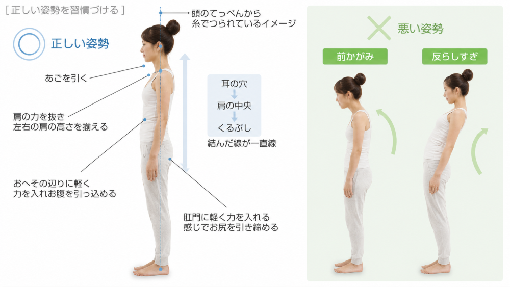 正しい姿勢を習慣づける◎ 正しい姿勢・ 頭のてっぺんから糸でつられてるイメージ・ あごを引く・ 肩の力を抜き 左右の硬さを揃える ・おへそあたりに軽く 力を入れお腹を引っ込める・ 肛門に軽く 力を入れる感じでお尻を引き締める※ 耳の穴→肩の中央→くるぶし結んだ線が一直線×悪い姿勢・前かがみ・反らしすぎ