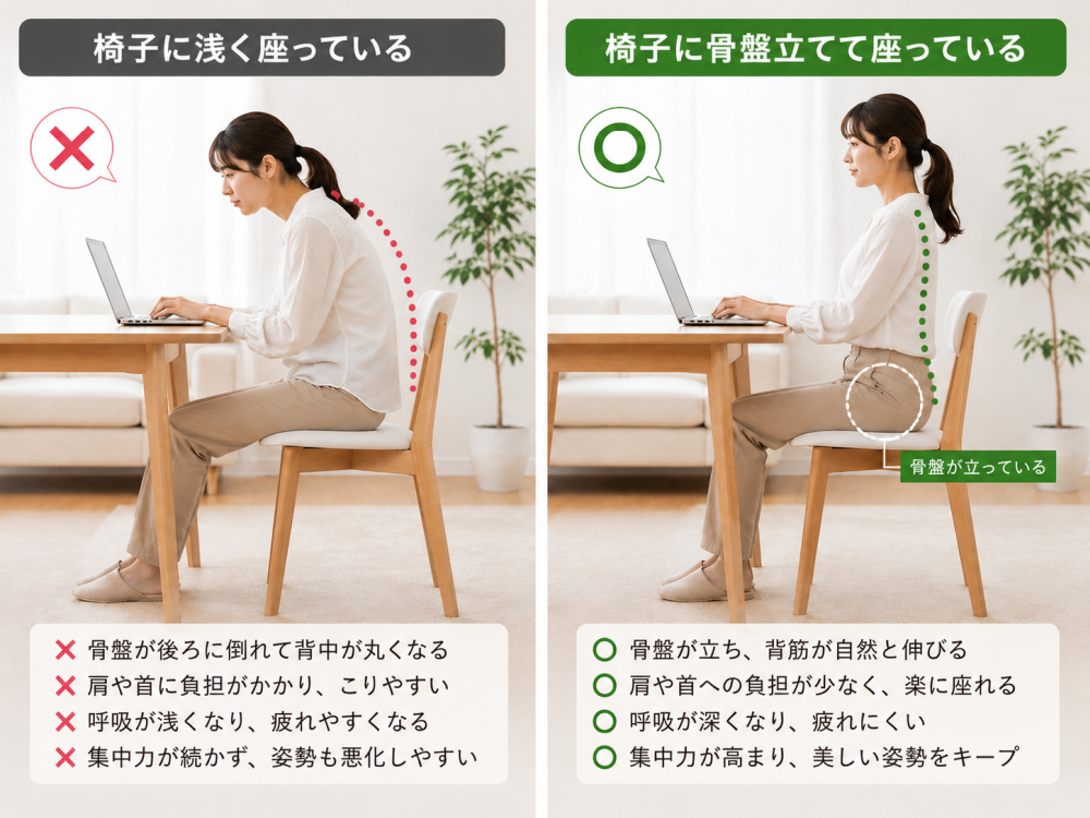 ●椅子に浅く座っている×・骨盤から後ろに倒れて背中が丸くなる・肩や首に負担がかかり凝りやすい・呼吸が浅くなり疲れやすくなる・集中力が続かず姿勢も悪化しやすい●椅子に 骨盤立てて座っている・骨盤が立ち背筋が伸びる・肩や首への負担が少なく、楽に座れる・ 呼吸が深くなり、疲れにくい・ 集中力が高まり、美しい姿勢をキープ