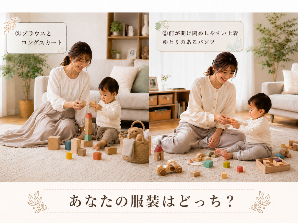 ①ブラウスとロングスカートで産後の育児をしているママ②前が空き示しやすい上着で産後の育児をしているママゆとりのあるパンツあなたの服装はどっち？