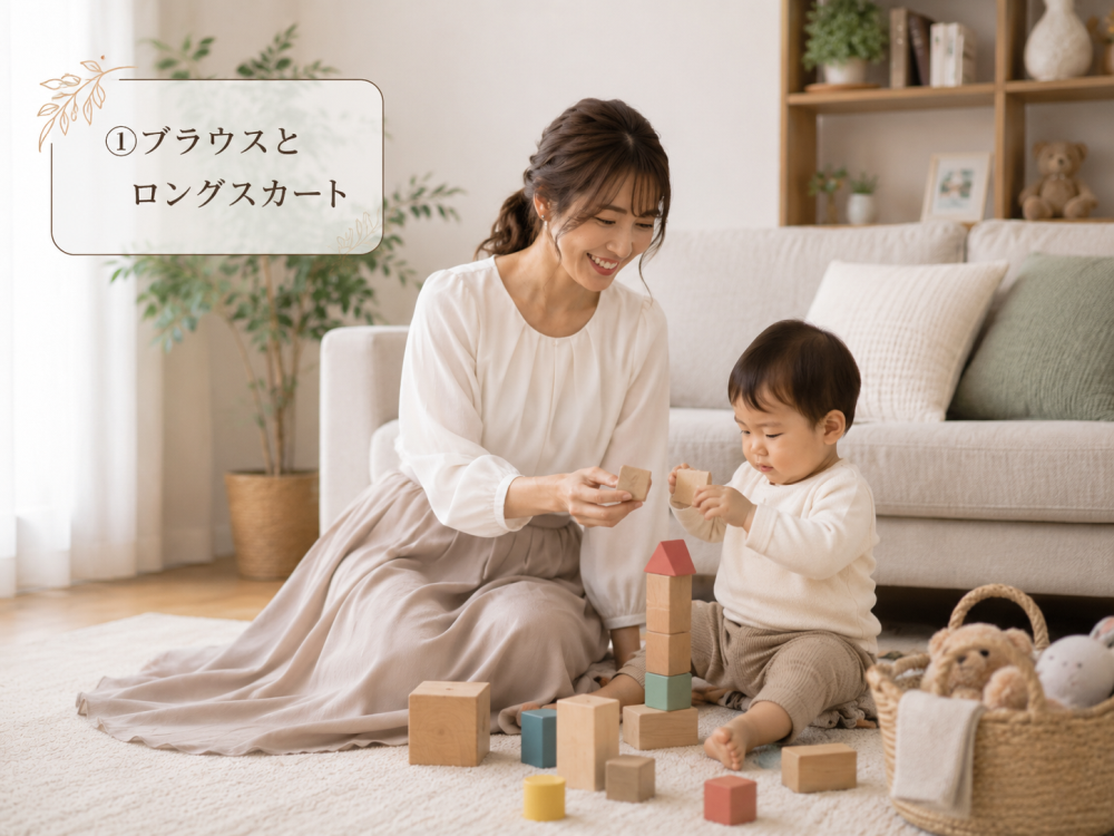 ①ブラウスとロングスカートを着て育児をしているママ