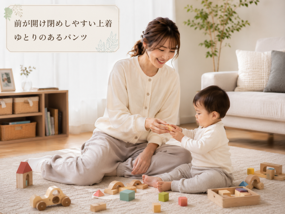 ②前が明け閉めしやすい上着ゆとりのあるパンツで産後の育児をしているママ