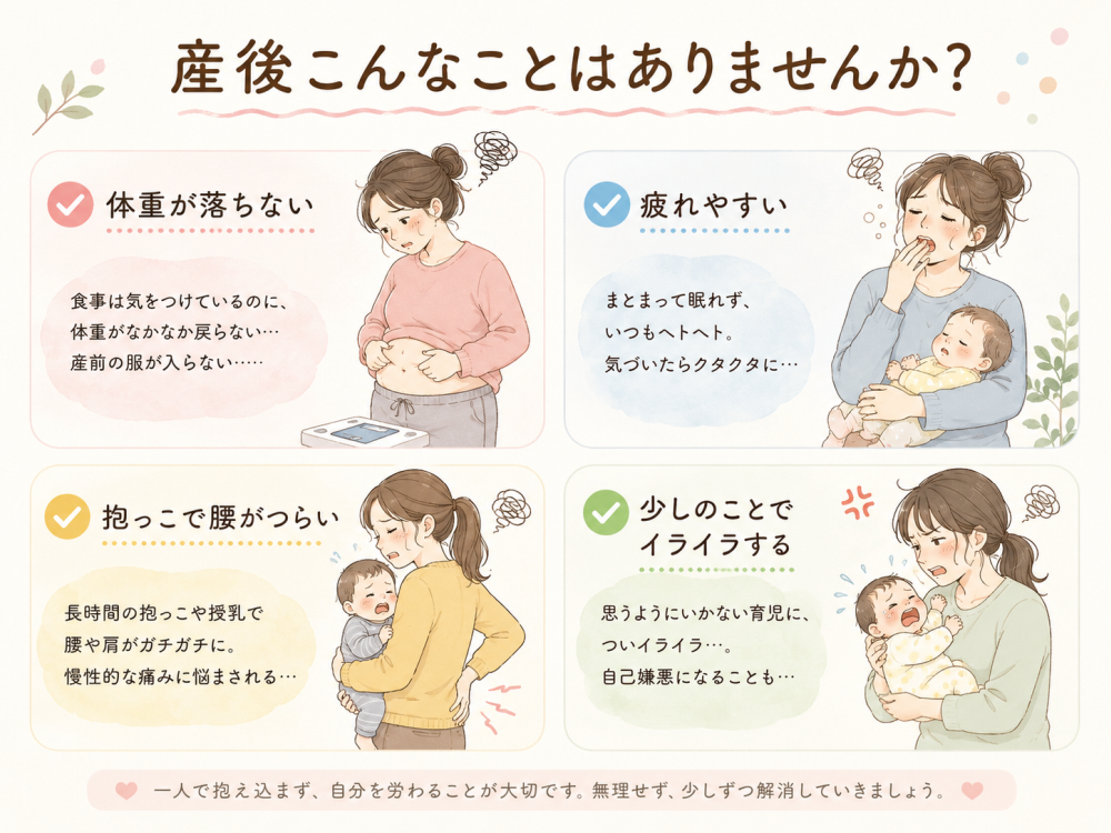 産後こんなことはありませんか？●体重が落ちない・食事は気をつけているのに体重がなかなか戻らない…・産前の服が入らない…●疲れやすいまとまって眠れずいつもヘトヘト、気づいたらクタクタに…●抱っこで腰がつらい・長時間の抱っこや授乳で腰や肩がガチガチ、慢性的な痛みに悩まされる…●少しのことでイライラする・思うようにいかない育児についイライラ…・自己嫌悪になることも…一人で抱え込まず自分をいたわることが大切です無理せず少しずつ解消しましょう