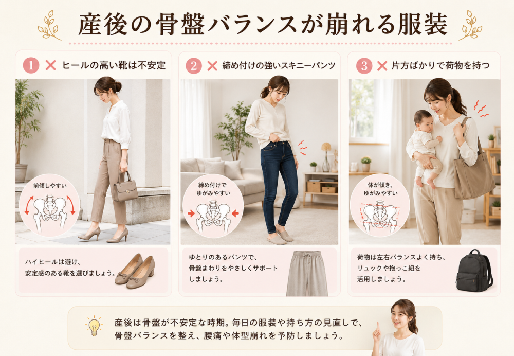 産後の骨盤バランスが崩れる服装① ×火入れの高い靴は不安定 骨盤が前傾しやすい ハイヒールは避け、安定感のある靴を選びましょう② ×締め付けの強いスキニーパンツ 締め付けで骨盤が歪みやすい ゆとりのあるパンツで骨盤周りを優しくサポートしましょう③ ×片方ばかりで荷物を持つ 体が傾き骨盤が歪みやすい 荷物はリュックや抱っこ紐を活用しましょう産後は骨盤が不安定な時期。毎日の服装や持ち方の見直しで骨盤バランスを整え、腰痛や 体型崩れを予防しましょう