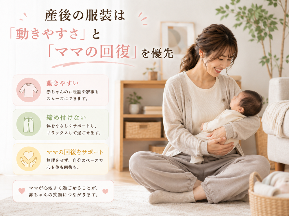 産後の服装は 動きやすさとママの回復を優先●動きやすい ・赤ちゃんのお世話や おかずも スムーズにできます ●締め付けない・体を優しく サポートし リラックスして過ごせます ●ママの回復をサポート・無理をせず自分のペースで心も体も回復をママが心地よく過ごせることが、赤ちゃんの笑顔につながります