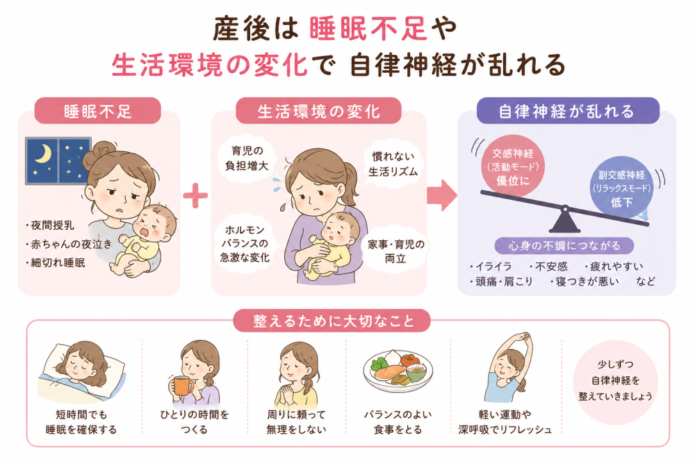 産後は睡眠不足や生活環境の変化で自律神経が乱れる●睡眠不足・ 夜間授乳・赤ちゃんの夜泣き・細切れ睡眠●生活環境の変化・育児の負担・なれない生活リズム・ホルモンバランスの急激な変化・家事、育児の両立● 自律神経が乱れる心身の不調につながる・イライラ・不安・疲れやすい・頭痛・肩こり・寝付きが悪い など●整えるために大切なこと・短時間でも睡眠を確保・一人の時間を作る・周りに頼って無理をしない・バランスの良い食事をとる・軽い運動や深呼吸でリフレッシュ※少しずつ自律神経を整えていきましょう
