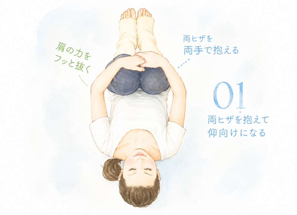 01：膝を抱えて 仰向けになる・両膝を両手で抱える・肩の力をフッと抜く