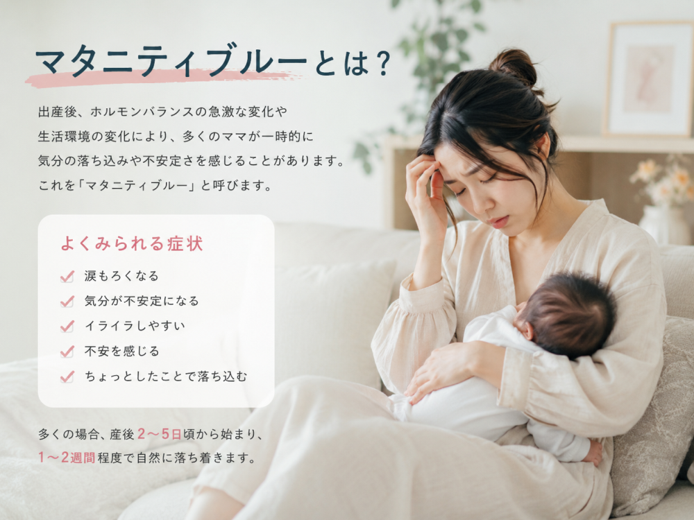 ●マタニティブルーとは？ 出産後 ホルモンバランスの急激な変化や生活環境の変化により多くのママが一時的に 気分の落ち込みや不安定さを感じることがあります。 これを マタニティブルーと呼びますよく■見られる症状・涙もろく、気分が不安定になる・イライラしやすい不安を感じる・ちょっとしたことで落ち込む多くの場合、産後2日～5日頃から始まり、1～2週間程度で自然に落ち着きます。
