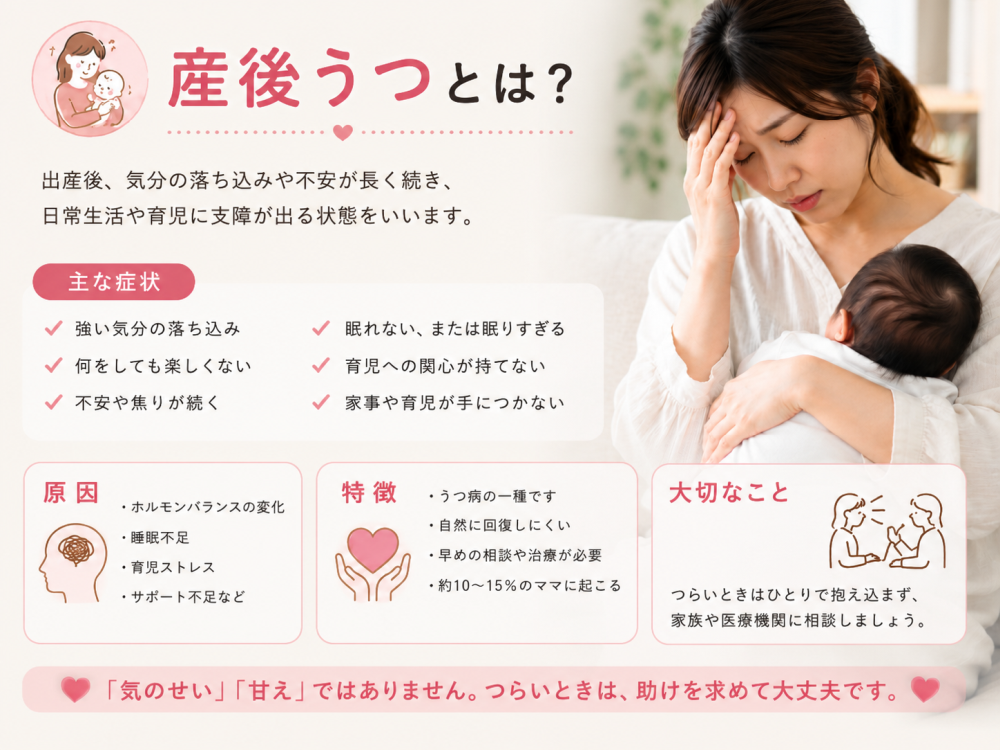 ●産後ウツとは？ 出産後、 気分の落ち込みや不安が長く続き、日常生活や育児に支障が出る症状をいいます。■産後ウツの主な症状・強い気分の落ち込み・寝れない、または 眠りすぎる・何をしても楽しくない・育児への関心が持てない・不安や焦りが続く・家事や育児が手につかない■原因・ホルモンバランスの変化・睡眠不足・育児ストレス・サポート 部下など■特徴・うつ病の一種です・自然に回復しにく・早めの相談や治療が必要・約10から15%のママに起こる■大切なこと・辛い時は一人で抱え込まず、家族や医療機関に相談しましょう。 「気のせい」「甘い」ではありません 辛い時は助けを求めて大丈夫です。