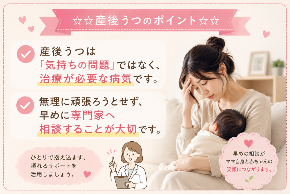 ●産後うつ の改善 ポイント■産後ウツは気持ちの問題ではなく、治療が必要な病気です。■無理に頑張ろうとせず、 早めに専門家へ相談することが大切です。ひとりで抱え込まず、頼れるサポートを活用しましょう早めの相談がママ自身と赤ちゃんの笑顔につながります