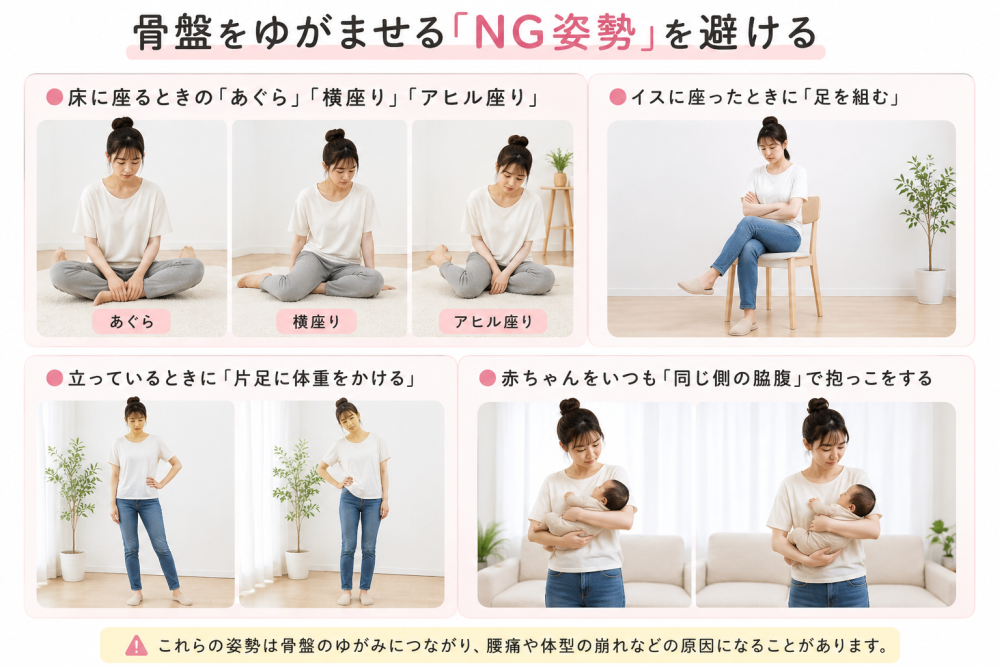 骨盤を歪ませる「NG姿勢）を避ける●床に座る時のあぐら、横座り、アヒル座り●椅子に座った時に足を組む●立っている時に「片足に重心をかける）●赤ちゃんをいつも同じ側の脇腹で抱っこする※これらの姿勢は 骨盤の歪みにつながり、腰痛や体型の崩れ などの原因になることがあります