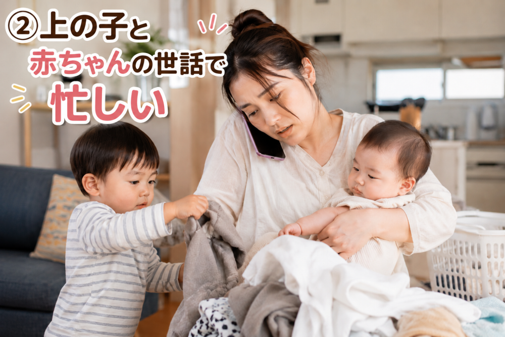 上のこと赤ちゃんの世話で忙しい