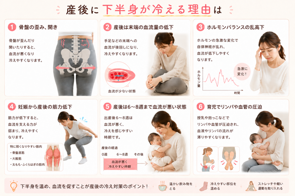 産後に下半身が冷える理由は①骨盤の歪み、開き骨盤が歪んだり開いたりすると、血流が悪くなり冷えやすくなります②産後は末端の血流量の低下手足などの末端への血流が後回しになり冷えやすくなります③ホルモンバランスの乱高下ホルモンの急激な変化で自律神経が乱れ、血流が低下しやすくなります④妊娠から産後の筋力低下筋力が低下すると血流を支える力が弱まり入れやすくなります特に弱くなりやすい筋肉は骨盤底筋、大殿筋、太ももやふくらはぎの筋肉⑤産後6週から8週まで血流が悪い状態 出産後6週から8週は血流が悪く、冷えを感じやすい時期です⑥育児でリンパや血管の圧迫授乳や抱っこなどでリンパや血管が圧迫され、血液やリンパの流れが滞りやすくなります※下半身を温め、血流を促すことが産後の冷え対策のポイント・暖かい飲み物を摂る・冷えやすい部位を温める・ストレッチや軽い運動を取り入れる