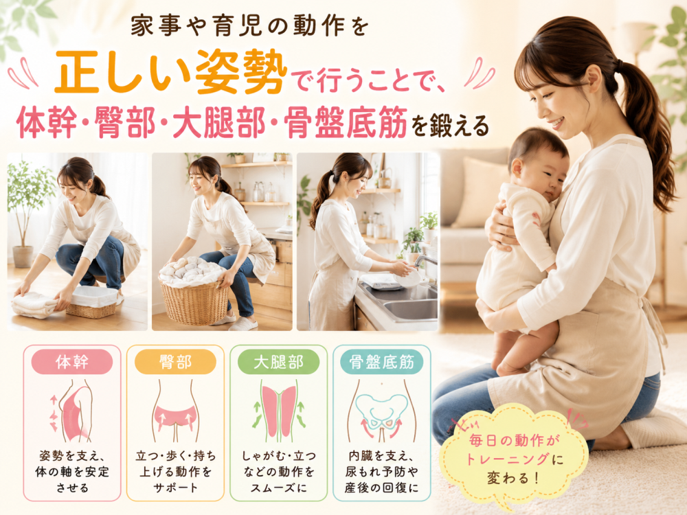 家事や育児の動作を正しい姿勢で行うことで、体幹、臀部、大腿部、骨盤底筋を鍛える・体幹…姿勢を整え体の軸を安定させる・臀部…立つ、歩く、持ち上げる動作をサポート・大腿部…しゃがむ、立つなどの動作をスムーズに・骨盤底筋…内臓を支え、尿漏れ予防や産後の回復に