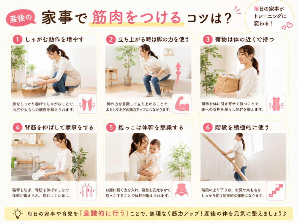 産後の家事で筋肉をつけるコツは？毎日の家事が トレーニングに変わる！①動作を増やす膝をしっかり曲げてしゃがむことで。お尻や太ももの筋肉を鍛えられます② 立ち上がる時は足の力を使う足の力を意識して立ち上がることで、太ももやお尻の筋力アップにつながります ③荷物は体の近くで持つ荷物を体に引き寄せて持つことで、腰への負担を減らし体幹を鍛えます④背筋を伸ばして家事をする猫背を防ぎ、背筋を伸ばすことで体幹が鍛えられ、疲れにくい体に⑤抱っこは体幹を意識するお腹に軽く力を入れ、姿勢を安定させて抱っこをすることで、体幹が鍛えられます⑥ 階段を積極的に使う階段の上り下りは、お尻や太ももをしっかり使う効果的な運動になります毎日の家事や育児を「意識的に行う」ことで無理なく筋力アップ！産後の体を元気に整えましょう！