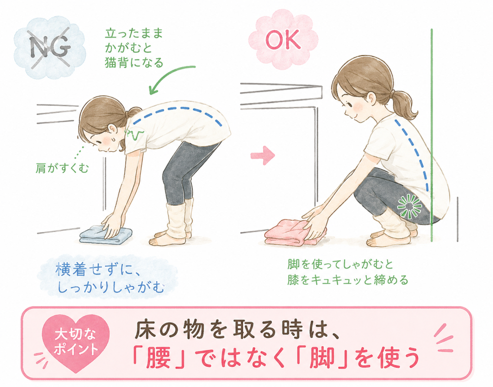 立ったまま鏡と猫背になる方がすくんでNG横着せずにしっかりしゃがむ！足を使ってしゃがむと膝をキュッと締めるがOK大切なポイント：床のものを取るときは「腰」でなく「脚」を使う