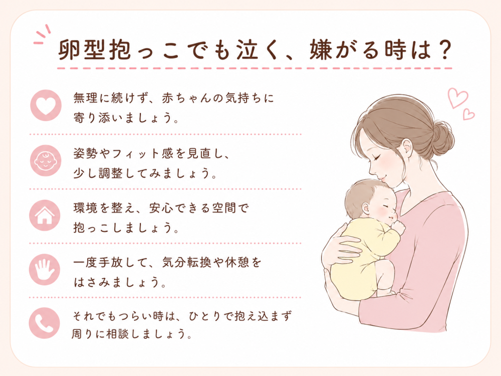 卵型抱っこでもなく、嫌がる時は?・無理に続けず、赤ちゃんの気持ちに寄り添いましょう。・姿勢やフィット感を見直し、少し調整してみましょう・環境を整え、安心できる空間で抱っこしましょう・一度手版して、気分転換や休憩をはさみましょうそれでもつらいときは、一人で抱え込まず周りに相談しましょう